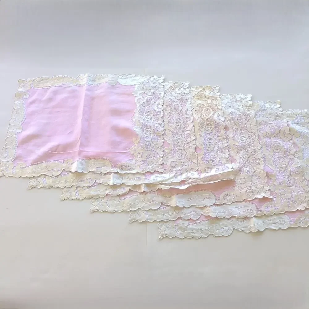 Vintage Pink & Ecru Hostess Set: Placemats, Napkins, Coasters, 6 sets, 18 pieces